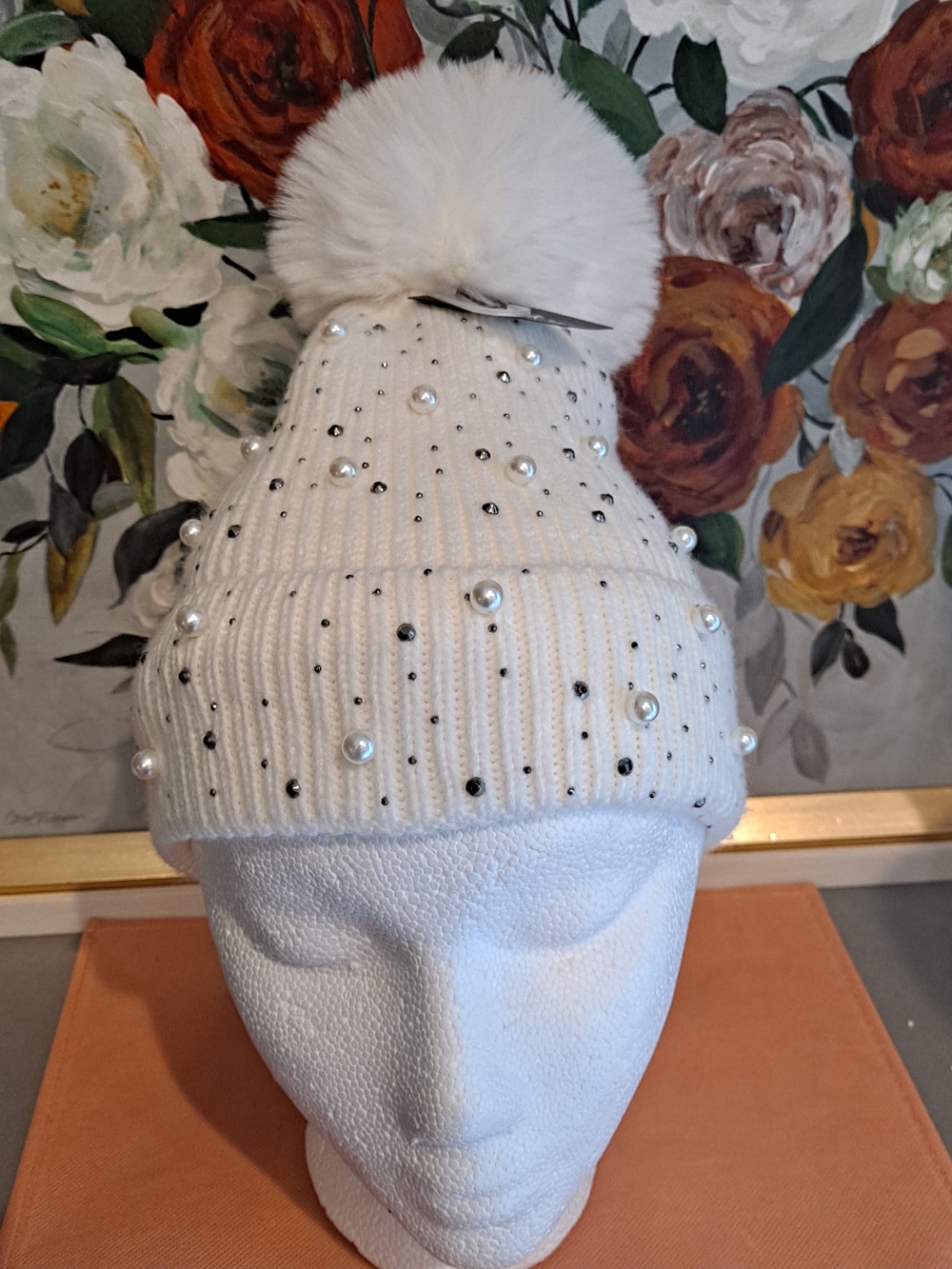 Minky Embellished White Pearl Metal Studs Pom Acrylic Knit Beanie Elevated  Soft